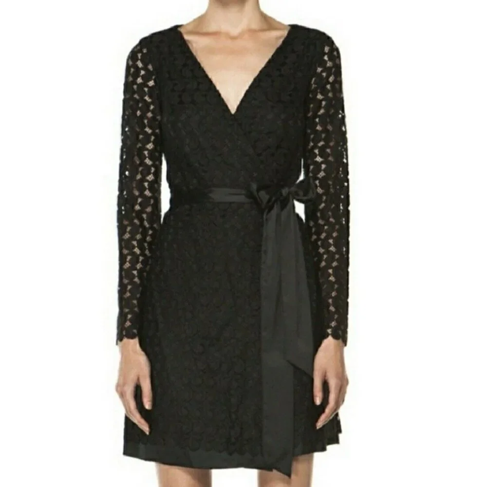 Diane von Furstenberg Sz 8 Black Lace Satin Tie Elegant Formal Wrap Dress RARE